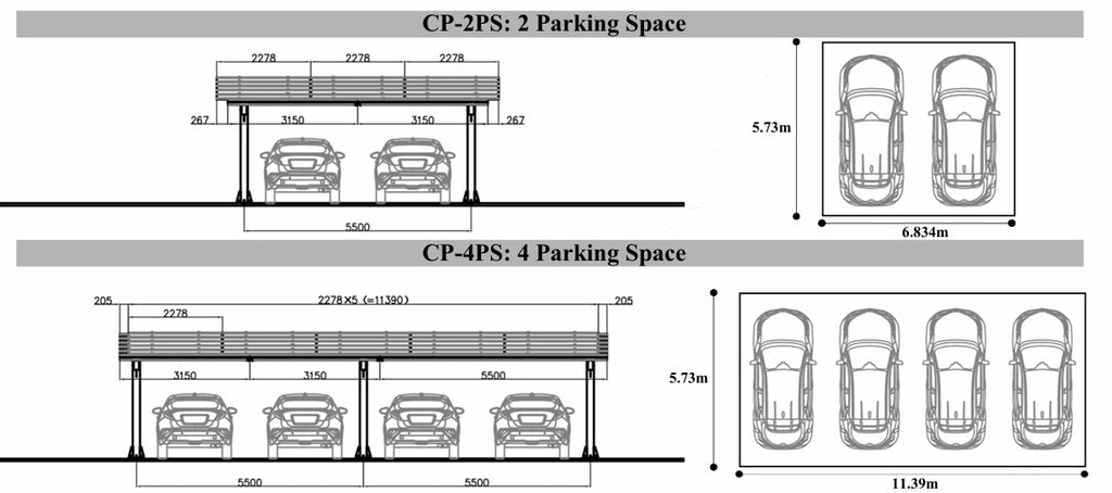 Carport Tettoia Auto 2 posti con impianto Solare fotovoltaico 6kWp mt 5x4